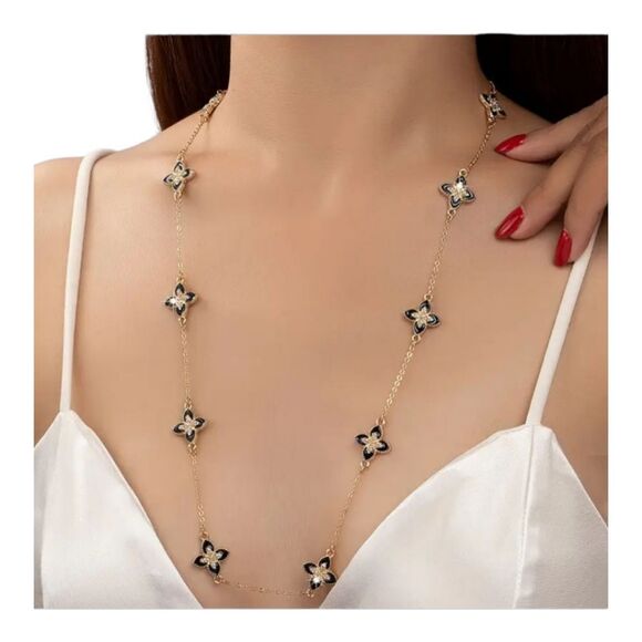 Elegant Gold and Black Floral Necklace 18K Gold Plated NEW 25" Chain - Picture 1 of 2